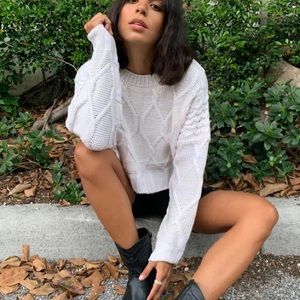 Princess Polly Autumn Leaves Cropped Cable Knit Sweater - Beige